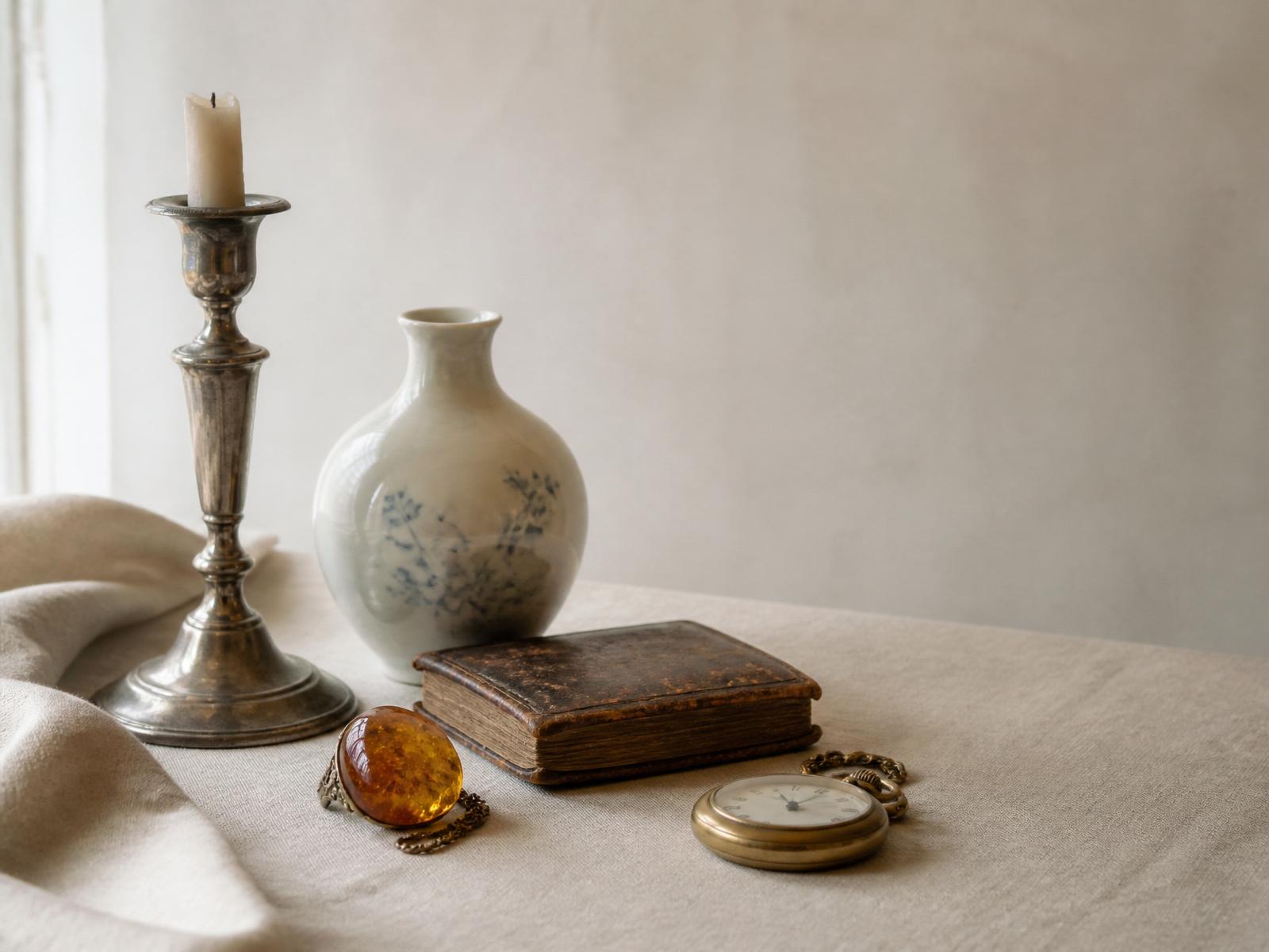 Curated vintage objects arranged on warm linen